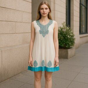 White Beaded A Line Sun Dress Women's XS Sleeveless Teal Trim Lined Netted